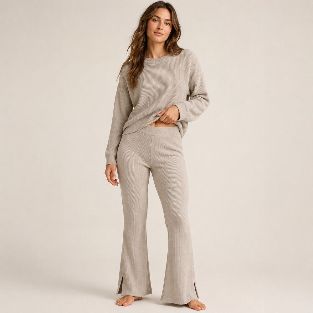 Abercrombie & Fitch Ribbed Flared Pull-On Pants Taupe Beige Knit Lounge Pants